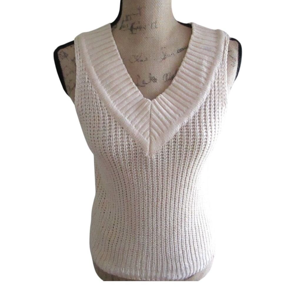 Vintage 80s Currants Jeri Jo Knit Sweater Vest Cream V-Neck Open Stitch Top XS - Picture 3 of 17